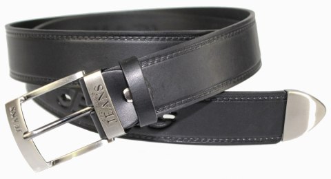 Pasek Skórzany PAS-MAX (PL) Tłoczony Napis "JEANS" Skóra Licowa Metalowa Końcówka EXTRA Nadwymiar 40 mm Czarny XXXL