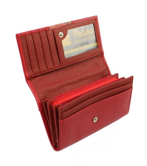 Portfel Damski PolskaGalanteria Długi Suwak Płaski Skóra Naturalna Czerwony z Wstawką Wzór III D14 16 x 9,5 x 3 [cm]
