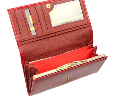 Portfel Damski PolskaGalanteria Długi Ze Złotą Klamrą Skóra Naturalna Czerwony Z Wstawką KP D1602 16,5 x 9 x 3