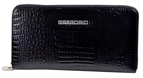 Portfel Damski Skóra Naturalna GREGORIO Duży Z Metalowym Suwakiem Piórnik Lakierowany GF-119 CZARNY RFID 19 x 10 x 2.5 [cm]