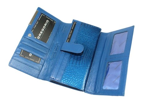 Portfel Damski Skórzany GREGORIO Skóra Licowa Lakierowana Duży Z Suwakiem Zapinka Wewnątrz GF-102 NIEBIESKI 19 x 9,5 x 3,5 [cm]