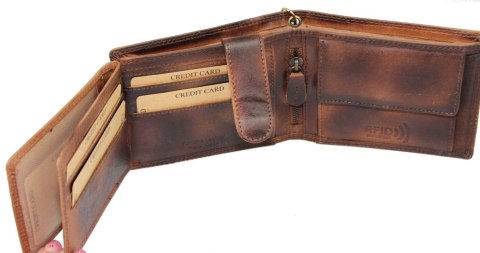 Portfel Męski Wild Skóra Naturalna Duży Poziomy Dwa Skrzydełka I Łańcuszek N992C BRĄZOWY RFID ,,VINTAGE,, 12 x 9,5 x 3 [cm]