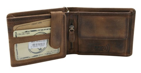 Portfel Męski Wild Skóra Naturalna Duży Poziomy Dwa Skrzydełka I Łańcuszek N992C BRĄZOWY RFID ,,VINTAGE,, 12 x 9,5 x 3 [cm]