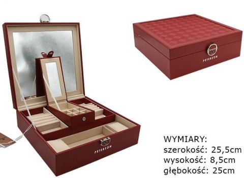 Elegancka i Stylowa Szkatułka Na Biżuterię PETERSON Pojemny Organizer PTN SZK-03 BORDOWY 25,5 x 25 x 8 [CM]