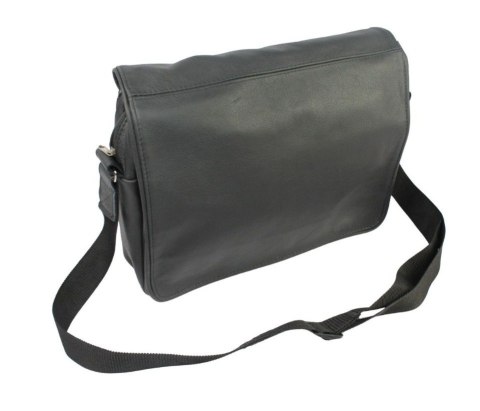Skórzana Torba Na Ramię Pozioma GRETOS (PL) Listonoszka Z Klapką CZARNA 37 x 30 x 9 [cm]