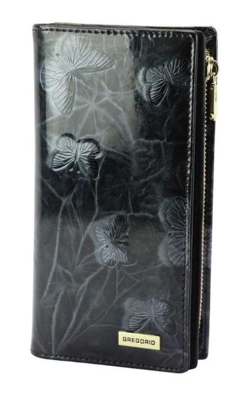 Portfel Damski Skórzany GREGORIO Lakierowany Długi Z Suwakiem Na Zewnątrz BTS-124 CZARNY 19,5 x 10 x 3,5 [cm]