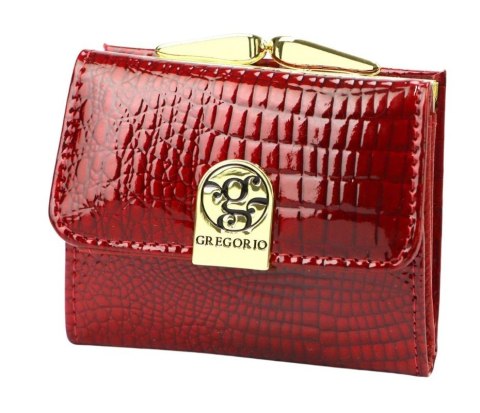 Portfel Damski Skórzany GREGORIO Skóra Licowa Lakierowany Mały Z Klamrą RFID GF-126 CZERWONY 9.5 x 8 x 2.5 [cm]
