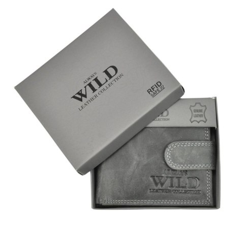 Portfel Męski Skórzany ALWAYS WILD Skóra Licowa Mały Poziomy Z Zapięciem RFID N0035L-CHM/8724 CZARNY 10,5 x 9 x 2 [cm]