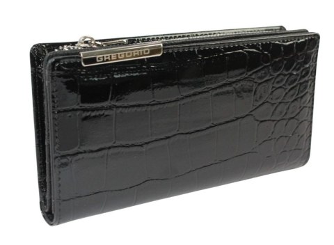 Portfel Damski Skórzany GREGORIO Lakierowany Długi Z Suwakiem Na Zewnątrz BC-124 CZARNY 19,5 x 10 x 3,5 [cm]