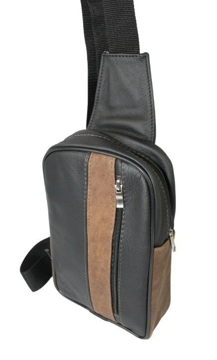 Torba Skórzana Na Ramię Nerka Barkówka Noszona Na Skos GRETOS (PL) Praktyczna I Wygodna CZARNO-BRĄZOWA 25 x 17 x 7 [cm]