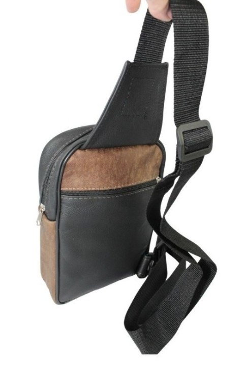 Torba Skórzana Na Ramię Nerka Barkówka Noszona Na Skos GRETOS (PL) Praktyczna I Wygodna CZARNO-BRĄZOWA 25 x 17 x 7 [cm]