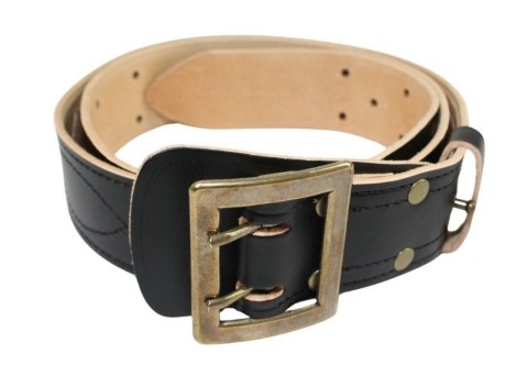 Wojskowy Pas Męski Skórzany OFICER RUBIN(PL) Skóra Licowa CZARNY MOSIĘŻNA KLAMRA Z Jasnym Spodem Z Płytką I Przeszyciami PO45C