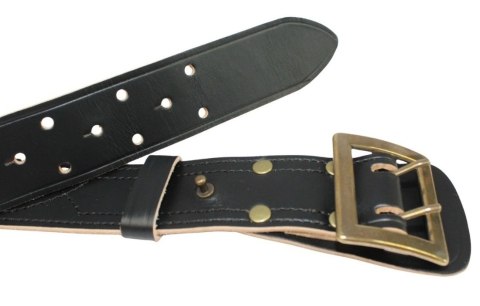 Wojskowy Pas Męski Skórzany OFICER RUBIN(PL) Skóra Licowa CZARNY MOSIĘŻNA KLAMRA Z Jasnym Spodem Z Płytką I Przeszyciami PO45C