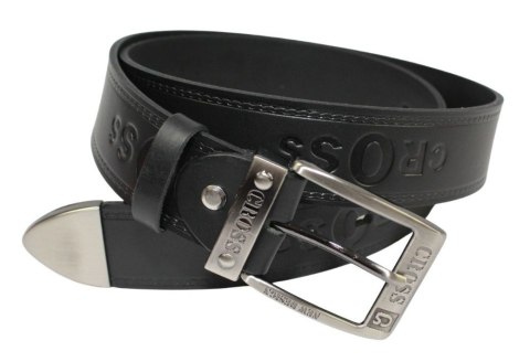 Pasek Skórzany PAS-MAX (PL) Tłoczony "CROSS" Z Metalową Końcówką Skóra Licowa EXTRA 40 mm CZARNY Imitacja Szycia Cienką Nitką