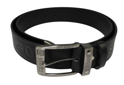 Pasek Skórzany PAS-MAX (PL) Tłoczony "CROSS" Z Metalową Końcówką Skóra Licowa EXTRA 40 mm CZARNY Imitacja Szycia Cienką Nitką