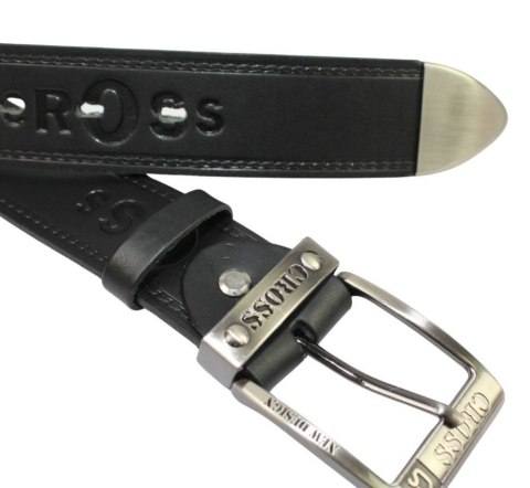 Pasek Skórzany PAS-MAX (PL) Tłoczony "CROSS" Z Metalową Końcówką Skóra Licowa EXTRA 40 mm CZARNY Imitacja Szycia Cienką Nitką