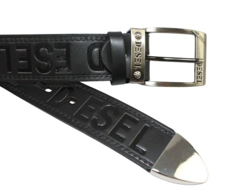 Pasek Skórzany PAS-MAX (PL) Tłoczony "DESEL" Z Metalową Końcówką Skóra Licowa EXTRA 40 mm CZARNY Imitacja Szycia Cienką Nitką