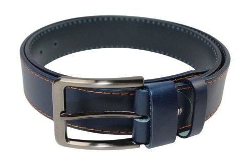 Pasek Męski Skórzany PAS-MAX (PL) Skóra Licowa EXTRA 40 mm Niebieski Z Pomarańczową Nitką