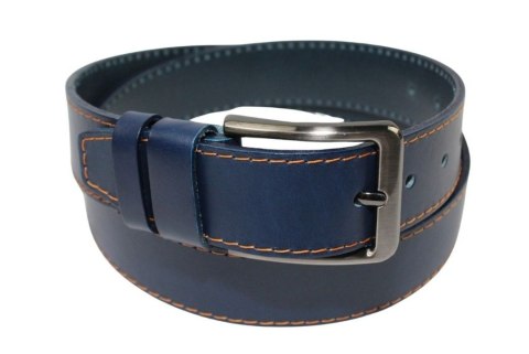 Pasek Męski Skórzany PAS-MAX (PL) Skóra Licowa EXTRA 40 mm Niebieski Z Pomarańczową Nitką
