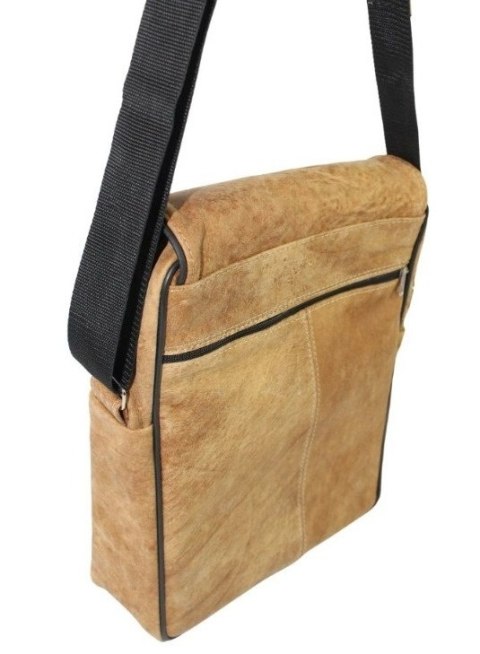 Skórzana Torba Na Ramię Pionowa GRETOS (PL) Listonoszka Z Klapką SUROWA SKÓRA KARMELOWY 37 x 30 x 7 [cm]