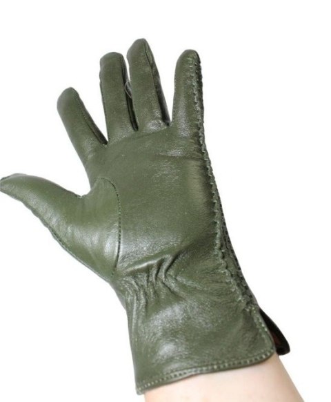 Skórzane Ocieplane Rękawiczki Damskie PolskaGalanteria.pl Ze Skóry Naturalnej CIEMNE OLIWKOWE Rozmiar 8 1/2 