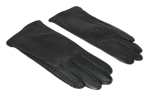 Skórzane Ocieplane Rękawiczki Damskie PolskaGalanteria.pl Ze Skóry Naturalnej Z Wzorkiem Podwójna Nitka CZARNE Rozmiar 7 1/2
