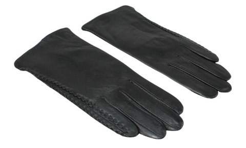 Skórzane Ocieplane Rękawiczki Damskie PolskaGalanteria.pl Ze Skóry Naturalnej Z Wzorkiem Podwójna Nitka CZARNE Rozmiar 7