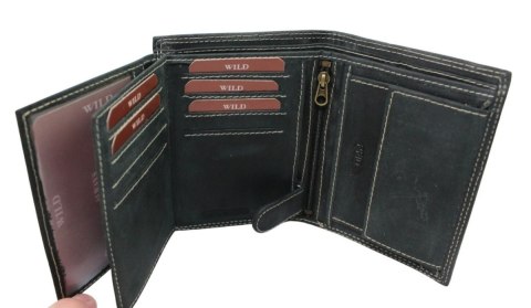 Portfel Męski Skórzany WILD Skóra Licowa Duży Pionowy Bez Zapięcia Zamszowy CZARNY ''De Luxe'' 8932 13 x 10 x 3 [cm]