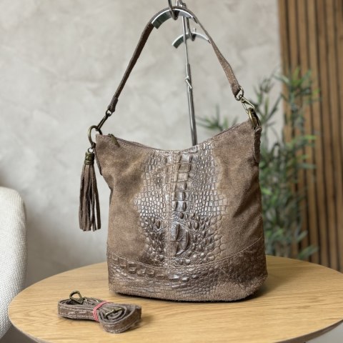 Torebka Skórzana LUKA CROCO MOKKA 26-027 Skóra Naturalna BRĄZOWA Mozajka 27 x 24 x 16 [cm]