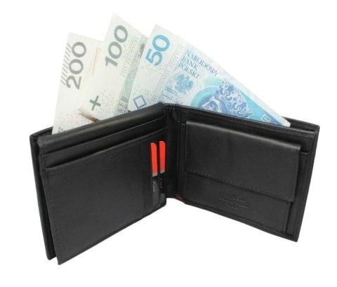 Portfel Męski Skórzany PIERRE CARDIN Skóra Licowa Duży Poziomy Bez Zapięcia CZARNY Z Czerwonym Paskiem 8806