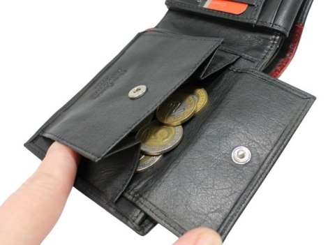 Portfel Męski Skórzany PIERRE CARDIN Skóra Licowa Duży Poziomy Bez Zapięcia CZARNY Z Czerwonym Paskiem 8806