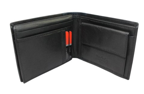 Portfel Męski Skórzany PIERRE CARDIN Skóra Licowa Duży Poziomy Bez Zapięcia CZARNY Z Niebieskim Paskiem 8806