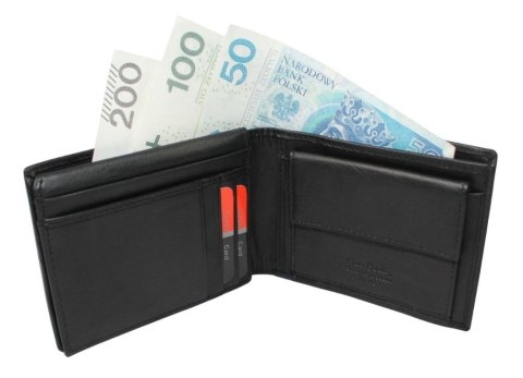 Portfel Męski Skórzany PIERRE CARDIN Skóra Licowa Duży Poziomy Bez Zapięcia CZARNY Z Niebieskim Paskiem 8806