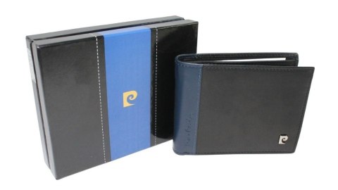 Portfel Męski Skórzany PIERRE CARDIN Skóra Licowa Duży Poziomy Bez Zapięcia CZARNY Z Niebieskim Paskiem 8806